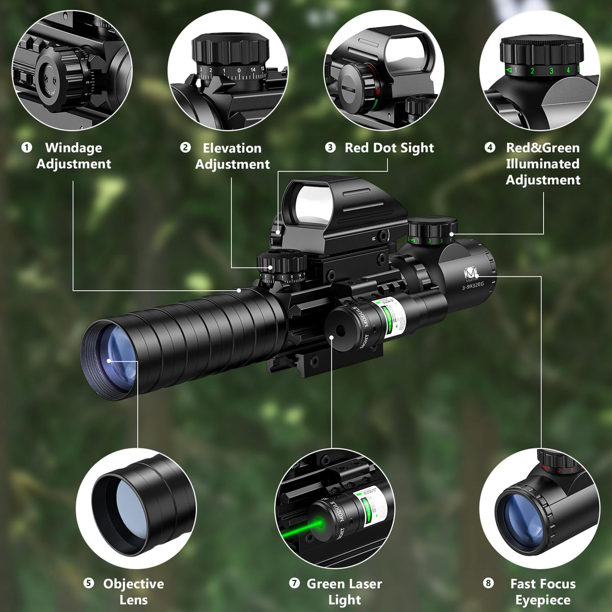 3-9X32 EG Illuminated Rifle Scope Red Green Dot Reflex Green Laser Sight Outdoor - View #5