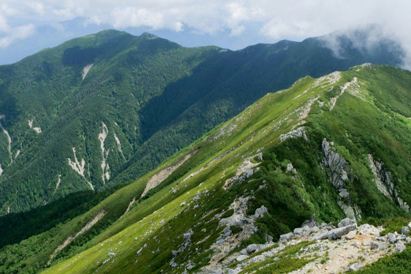 Green mountain ridge hiking trail, forest‑covered peaks, cloudy sky