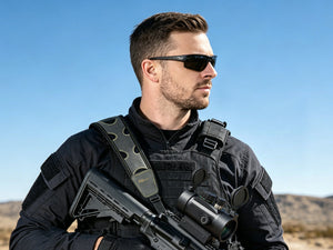EZSHOOT rifle scope mounted on a rifle held by a shooter wearing a sling outdoors in a desert setting.