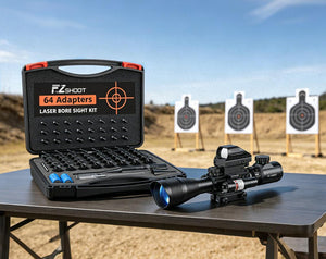 EZSHOOT 64 adapters laser bore sight kit with rifle scope on table at outdoor shooting range.
