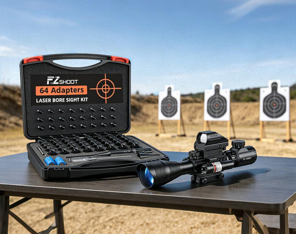 EZSHOOT 64 adapters laser bore sight kit with rifle scope on table at outdoor shooting range.