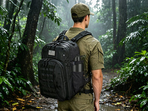 EZSHOOT backpack and EZSHOOT water bottle on a man standing in a rainy forest.