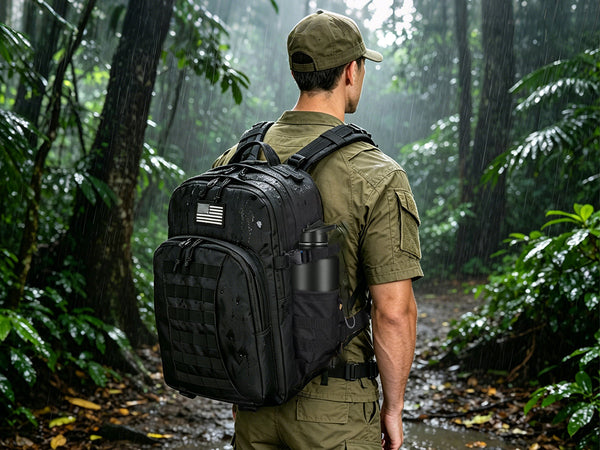 EZSHOOT backpack and EZSHOOT water bottle on a man standing in a rainy forest.