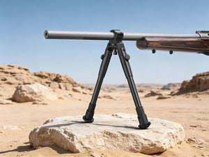 EZSHOOT rifle bipod mounted on a firearm resting on a rock in a desert landscape.