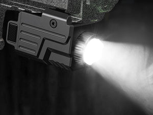 EZSHOOT weapon-mounted flashlight emitting a bright beam of light.
