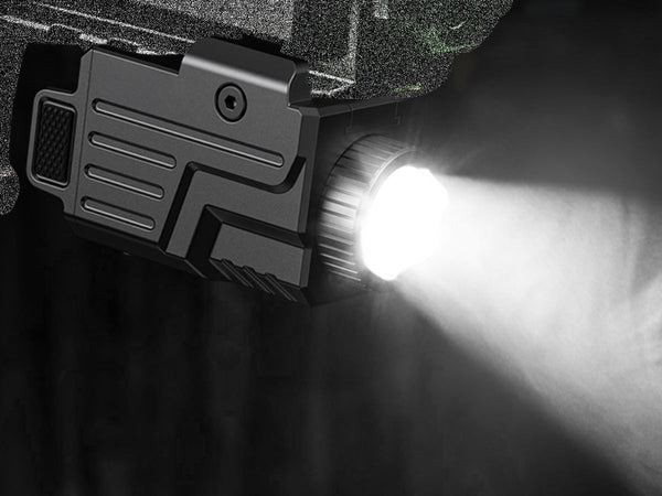 EZSHOOT weapon-mounted flashlight emitting a bright beam of light.