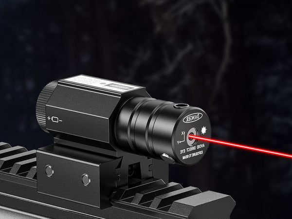 EZSHOOT laser bore sight projecting a red beam from a rifle-mounted device toward a target