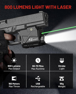 EZshoot 800 Lumens Laser Light Combo for Pistol Gun Light with Slidable Rail