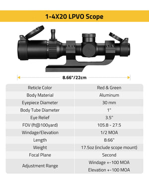 1-4X20 LPVO Scope with specifications 
