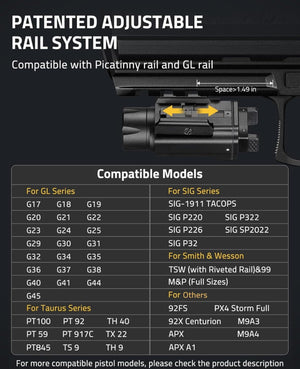 Patented adjustable rail system-EZSHOOT 1500 Lumens Pistol Flashlight Magnetic Rechargeable