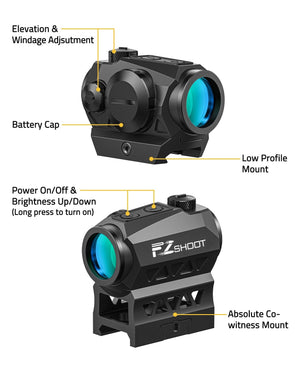 EZSHOOT 2MOA Red Dot Sight with labeled parts