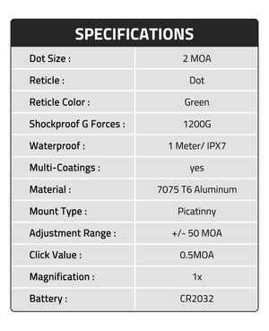 Specifications table for EZSHOOT 2MOA Red Dot Sight