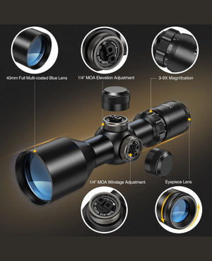 EZSHOOT rifle scope features 40mm multi-coated blue lens, 3-9X magnification, and adjustable windage and elevation turrets.
