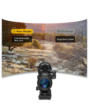 EZSHOOT rifle scope with fully multi-coated blue lens comparison showing improved clarity over old single-coated lens.