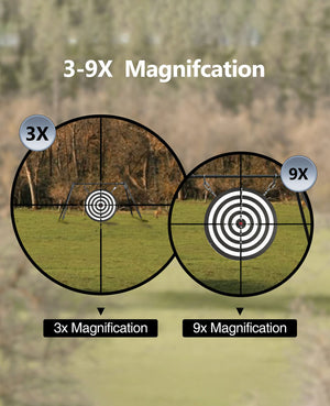 EZSHOOT rifle scope with 3-9X magnification comparison showing clear target views at different zoom levels.