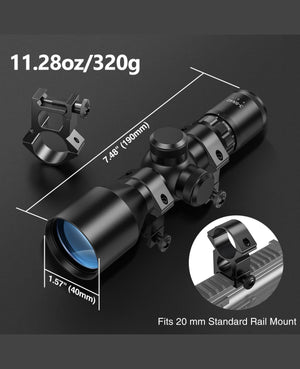 EZSHOOT rifle scope with compact 7.48-inch design, 320g lightweight build, and 20mm standard rail mount compatibility.