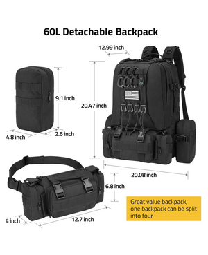 EZSHOOT 60L Outdoor Backpack, Molle Bag for Hiking with measurements and split into four option 