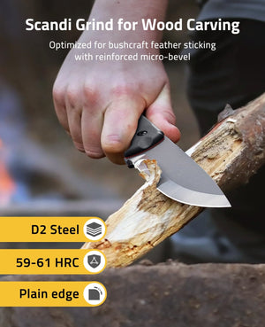 Scandi Grind for Wood Carving-EZSHOOT Fixed Blade Knife with Sheath 5.1" D2 Steel Full Tang