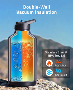 Double-wall vacuum insulation-EZSHOOT Half Gallon Water Bottle with Straw Stainless Steel
