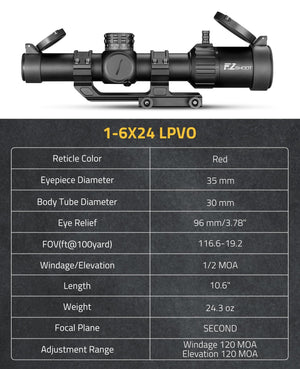 EZSHOOT 1-6X24 LPVO rifle scope with specifications