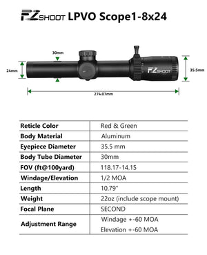 EZSHOOT LPVO Scope 1-8x24 with dimensions and specifications