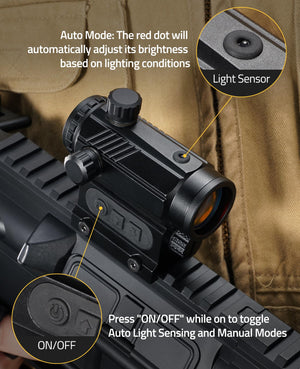 EZshoot red dot sight with auto light sensor, automatic brightness adjustment, manual & auto mode switch, mounted on picatinny rail