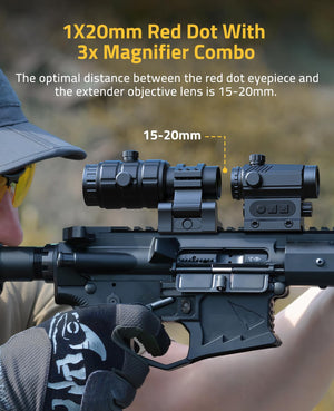 EZshoot 1X20mm red dot sight with 3x magnifier combo, optimal 15-20mm installation spacing