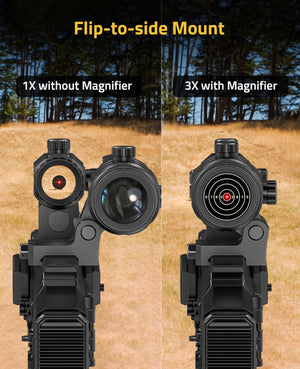 EZshoot red dot sight with flip-to-side 3x magnifier mount, switchable 1X close range & 3X long range view