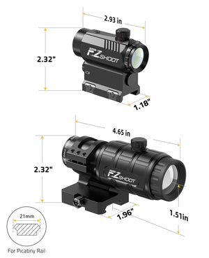 EZshoot 1X20 Red Dot Sight & 3X Magnifier Combo with Dimension Specs, Fits 21mm Picatinny Rail