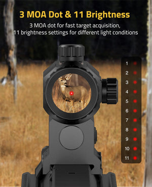 EZshoot red dot sight with 3 MOA aiming dot, 11 adjustable brightness levels for all lighting environments