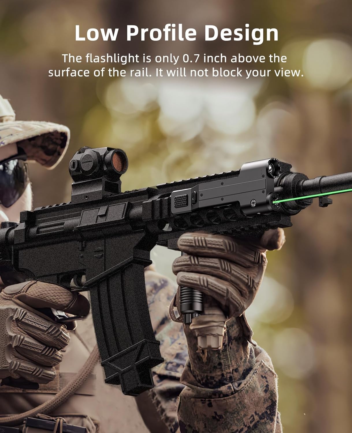 Low Profile Design of EZshoot Best Laser Flashlight - Only 0.7 Inch Above the Surface of the Rail