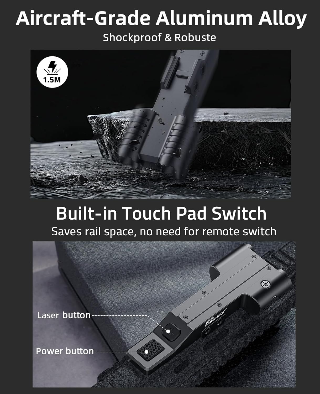 EZshoot Shockproof Laser Flashlight Combo Made of Aircraft-Grade Aluminum Alloy - Best Light with Built-in Touch Pad Switch