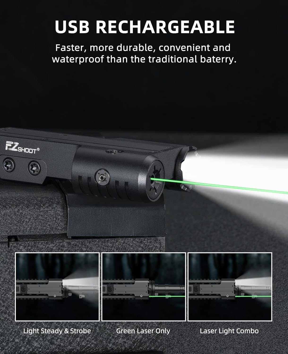 Three Mode of EZshoot Green Laser Flashlight Combo Compatible with Picatinny Rail