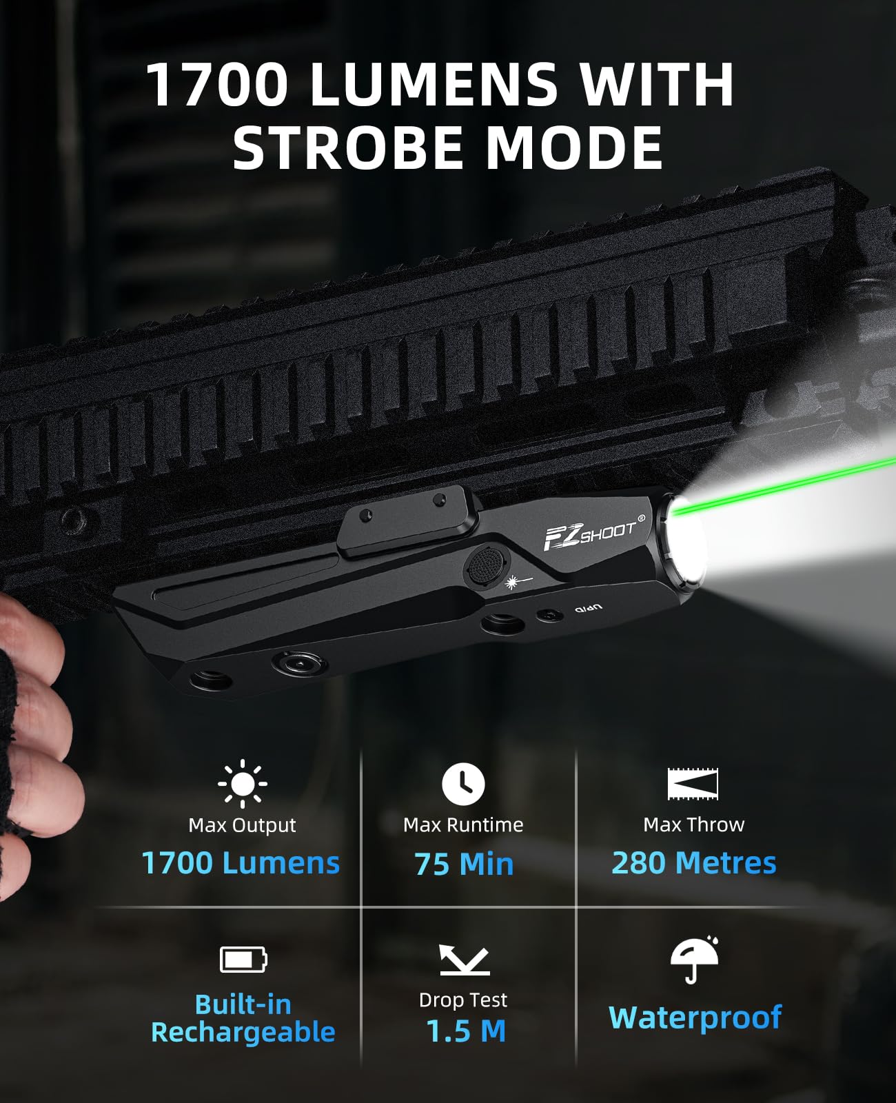 EZshoot 1700 Lumens Tactical Flashlight Green Laser Combo with Strobe Mode