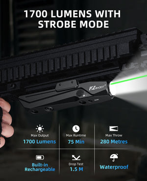 EZshoot 1700 Lumens Tactical Flashlight Green Laser Combo with Strobe Mode
