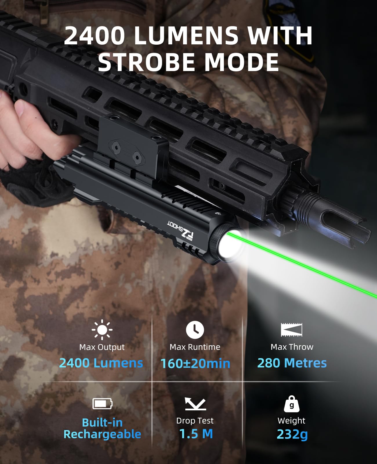 EZshoot 2400 Lumens Rifle Light Laser Combo with Strobe Mode and Built-in Recharging