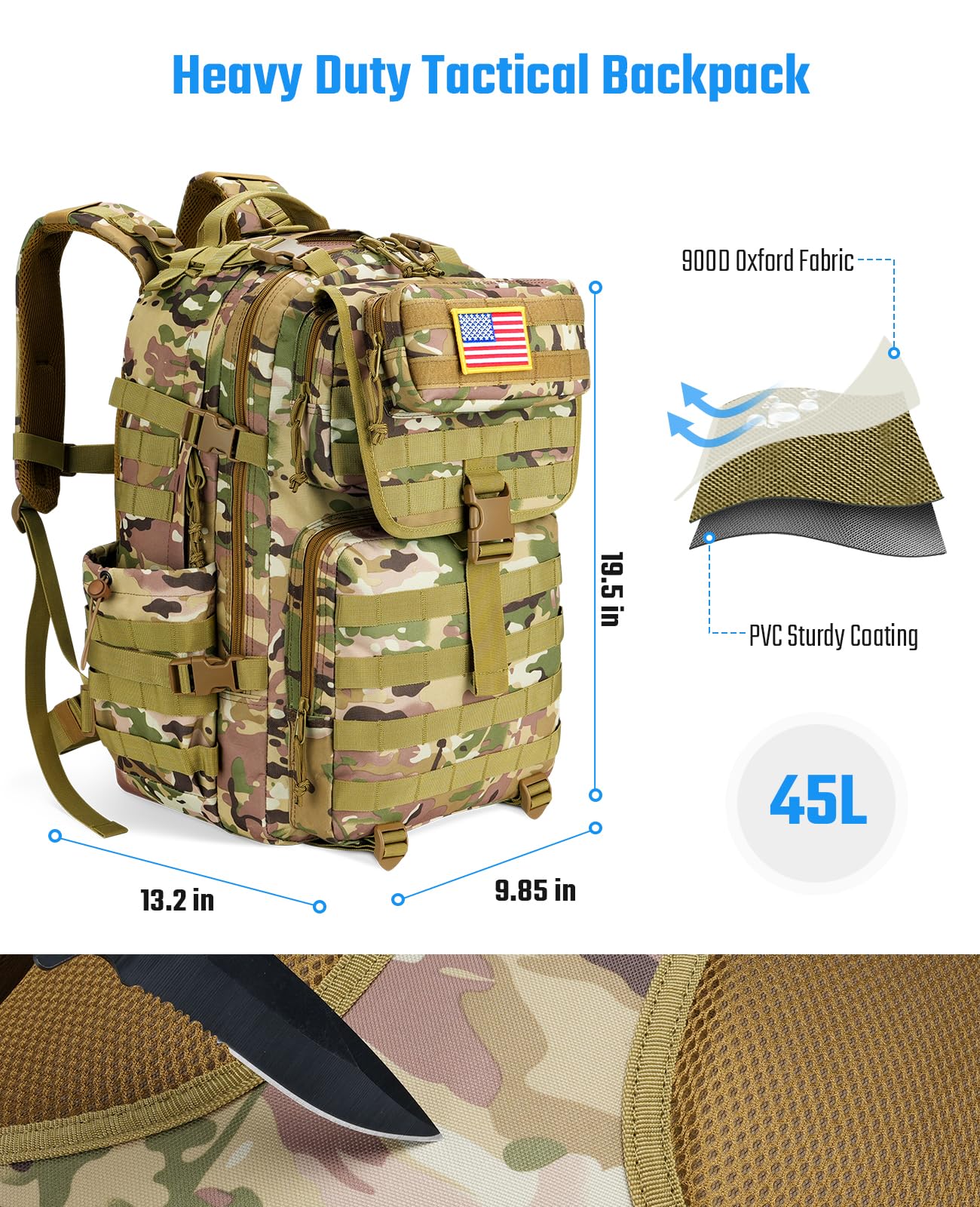 EZshoot 45L Tactical Backpack Heavy Duty Military Backpack for Men