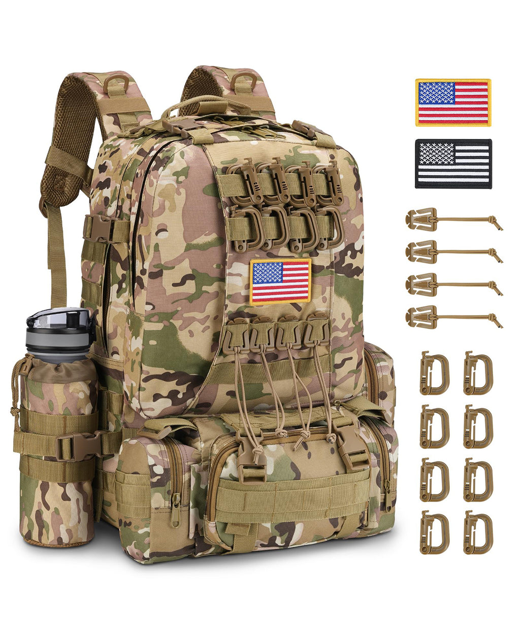 EZshoot 60L Large Tactical Backpack for Men with Water Bottle Holder