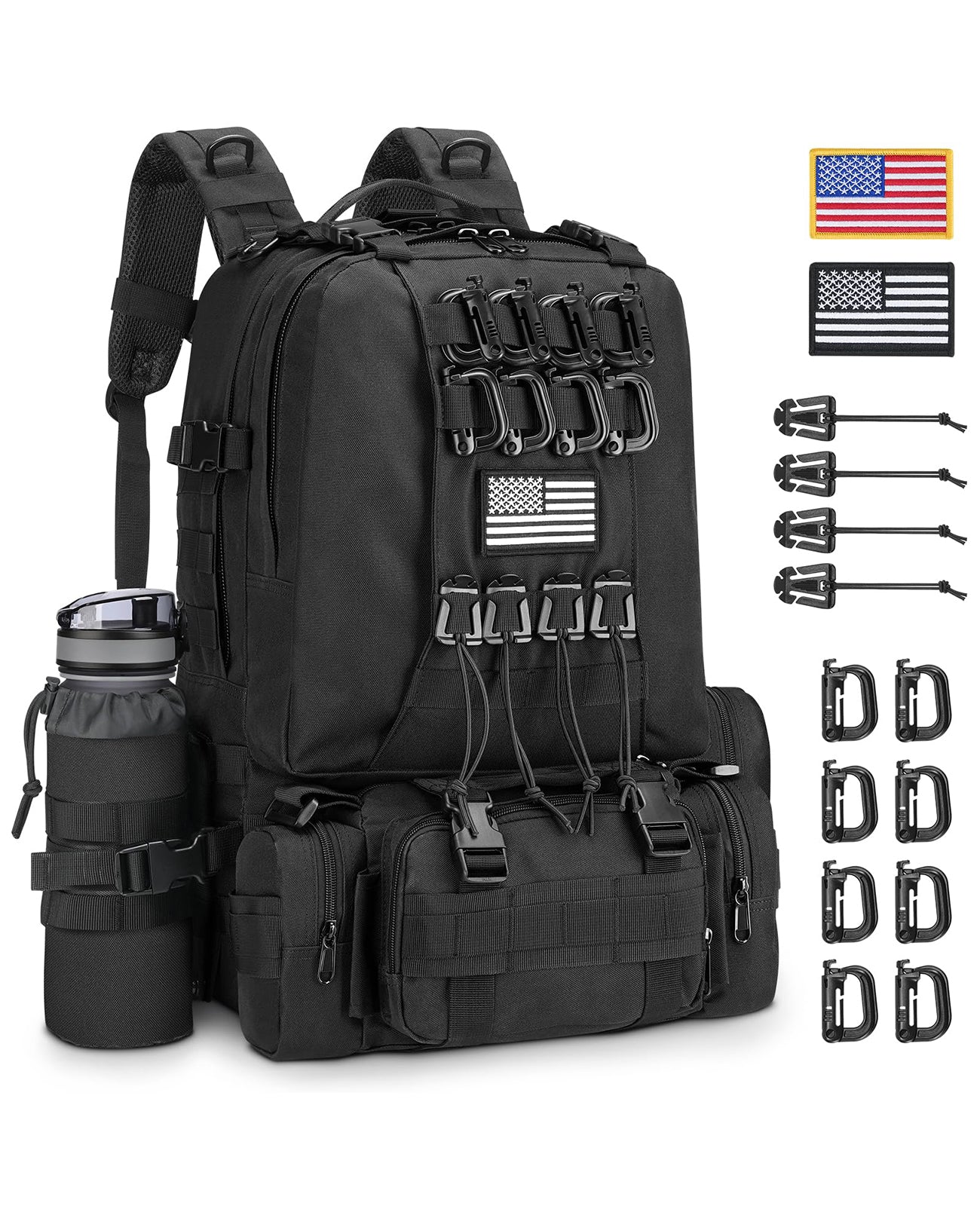 EZshoot 60L Large Tactical Backpack for Men with Water Bottle Holder