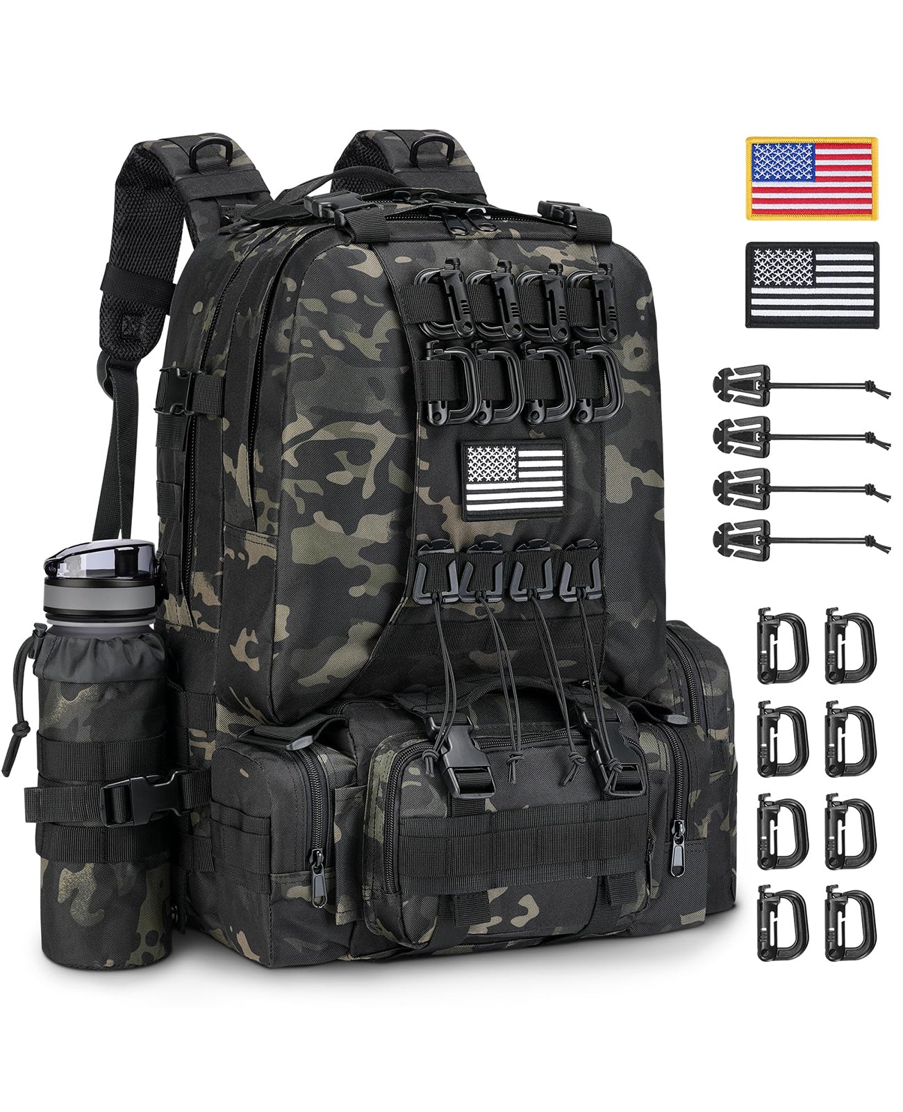 EZshoot 60L Large Tactical Backpack for Men with Water Bottle Holder