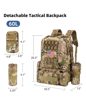 EZshoot 60L Large Tactical Backpack for Men with Water Bottle Holder