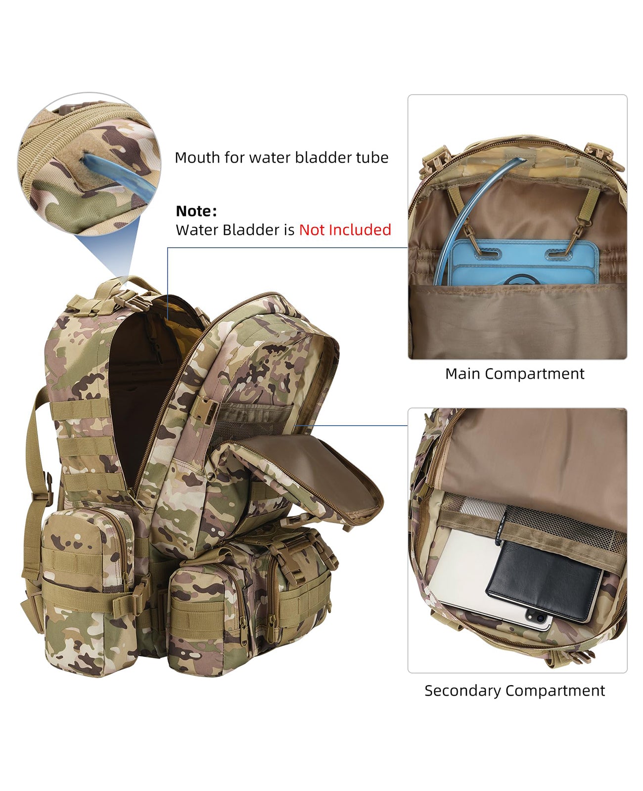 EZshoot 60L Large Tactical Backpack for Men with Water Bottle Holder