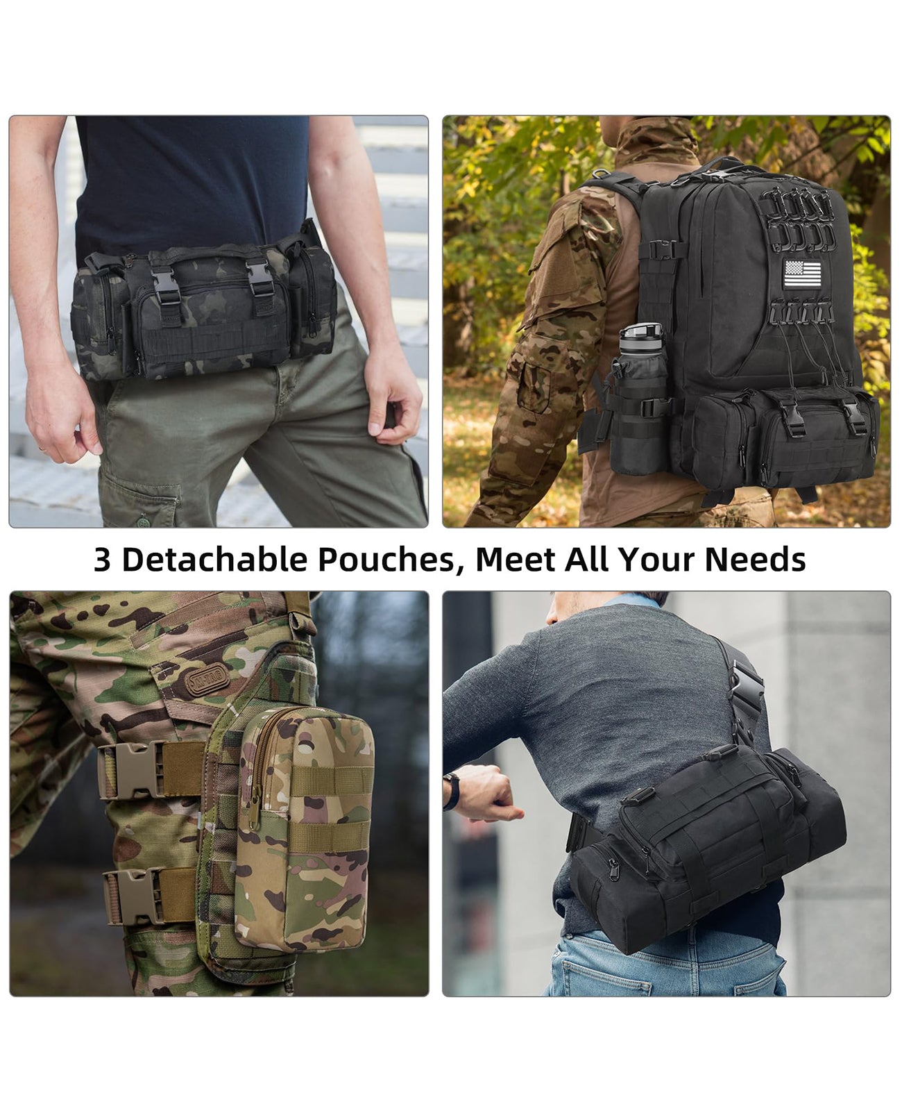 EZshoot 60L Large Tactical Backpack for Men with Water Bottle Holder