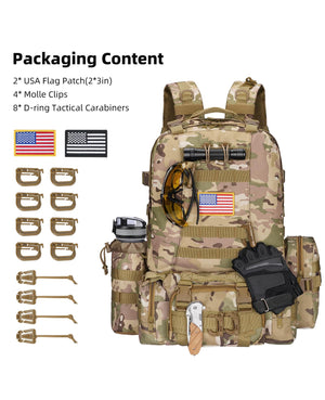 EZshoot 60L Large Tactical Backpack for Men with Water Bottle Holder