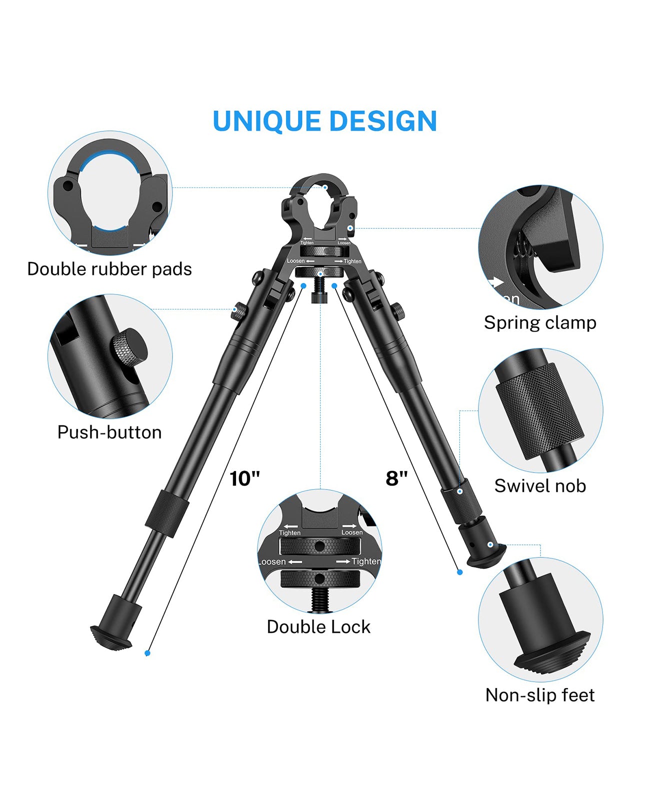 EZshoot 8"-10" Double Stable Design Clamp-on Bipod for Rifle
