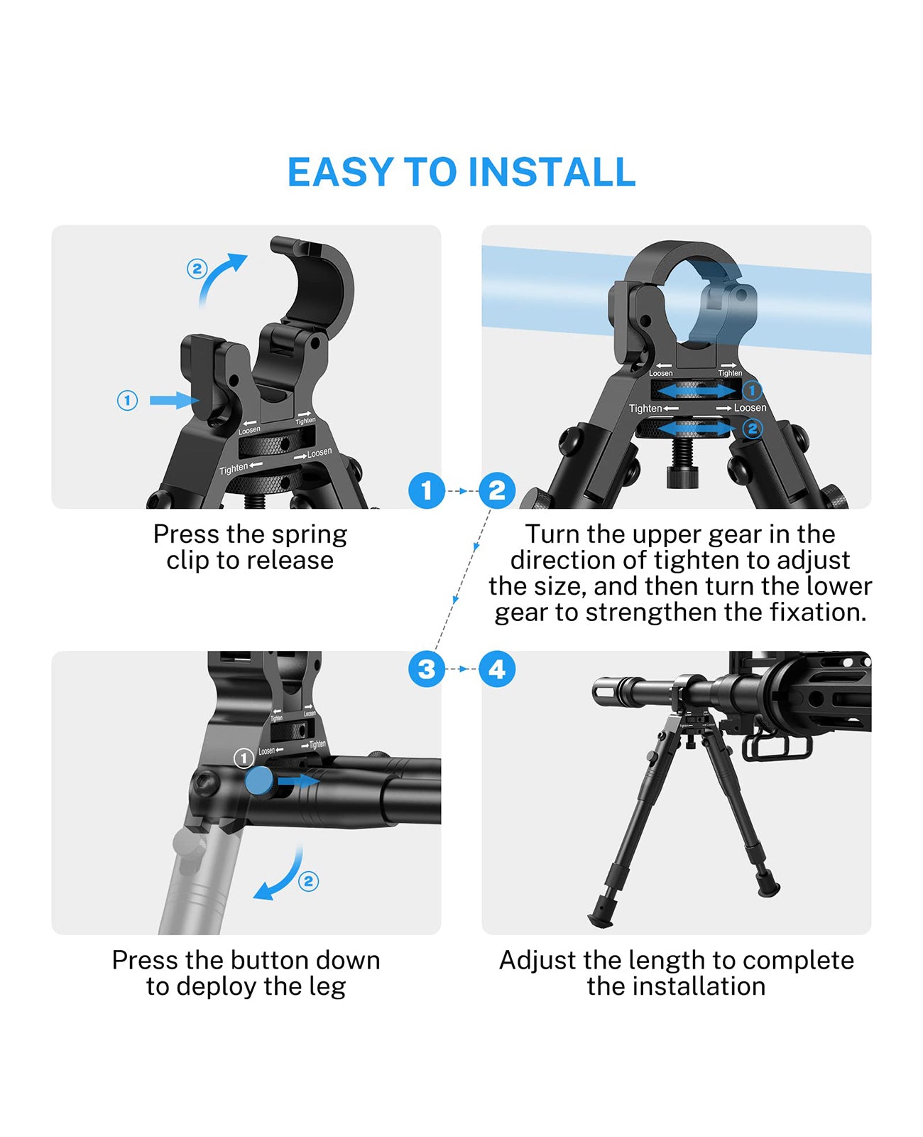 EZshoot 8"-10" Double Stable Design Clamp-on Bipod for Rifle