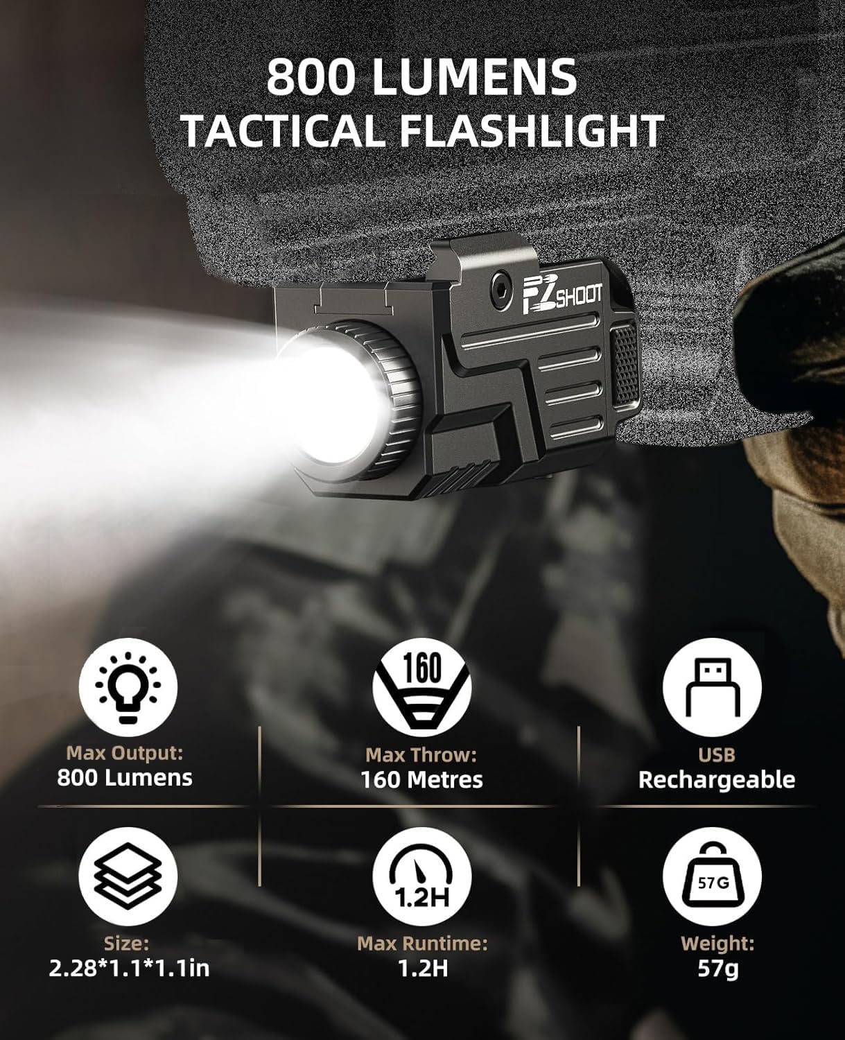 800 lm lithium flashlight rechargeable EZshoot 800 Lumens Pistol Flashlight Compatible with Picatinny and GL