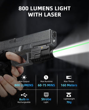EZshoot 800 Lumens Bright Light with Green Laser Beam for Pistol Hunting
