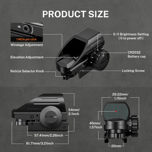 Product Size of Red Dot Sight with 20mm Picatinny Rail Mount