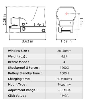 Specifications of EZshoot Red Dot Sight for Picatinny Rail